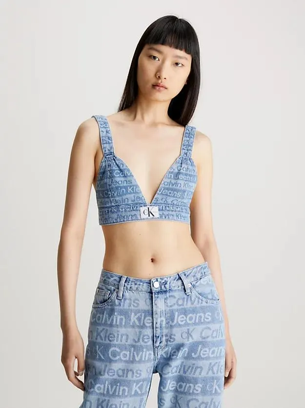 Denim bralettetop met all-over logo
