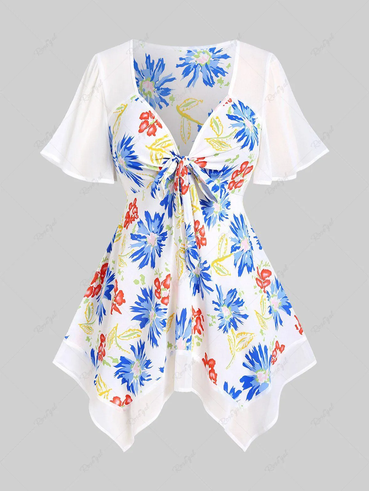 Plus Size Flutter Sleeves Flower Printed Bowknot Handkerchief Blouse - M | Us 10