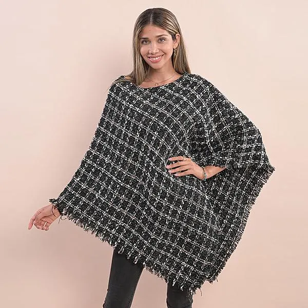 TAMSY Plaid Pattern Tweed Women's Poncho - Black