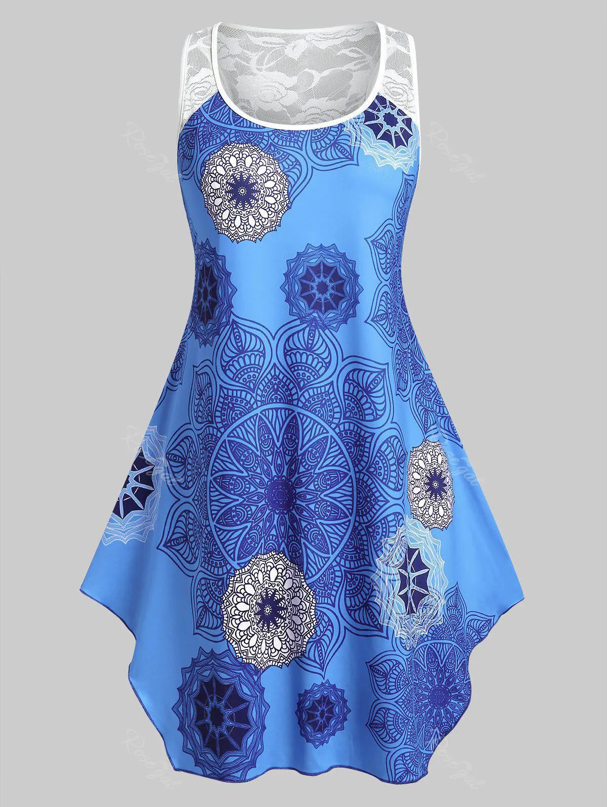 Plus Size & Curve Bohemian Print Lace Panel Irregular Top - L