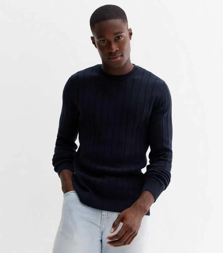 Navy Ribbed Fine Knit Crew Neck Jumper