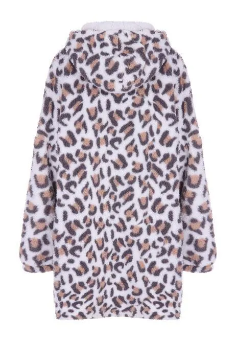 Womens Cream Leopard Hooded Blanket