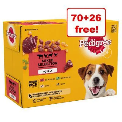 96 x 100g Pedigree Wet Dog Food Pouches - 70 + 26 Free!*