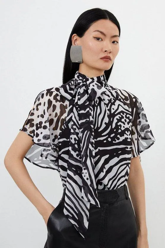Animal Print Georgette Woven Tie Neck Top