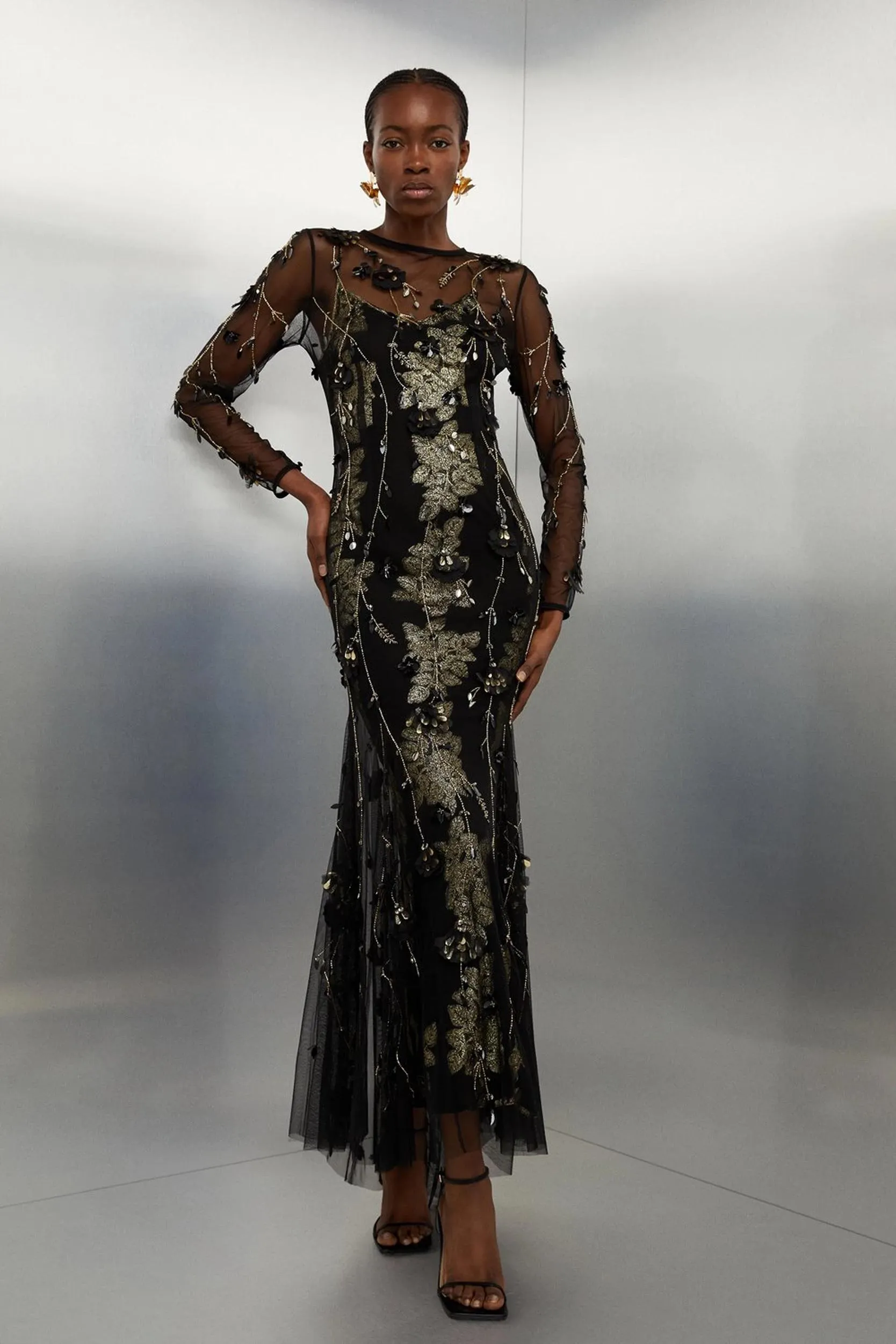Petite Floral Applique Metallic Thread Woven Maxi Dress