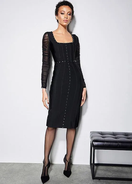 STAR by Julien Macdonald Black Stud Mesh Sleeve Bandage Midi Dress