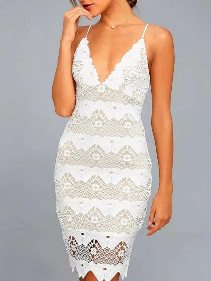 Beige V-neck Lace Panel Cami Mini Dress