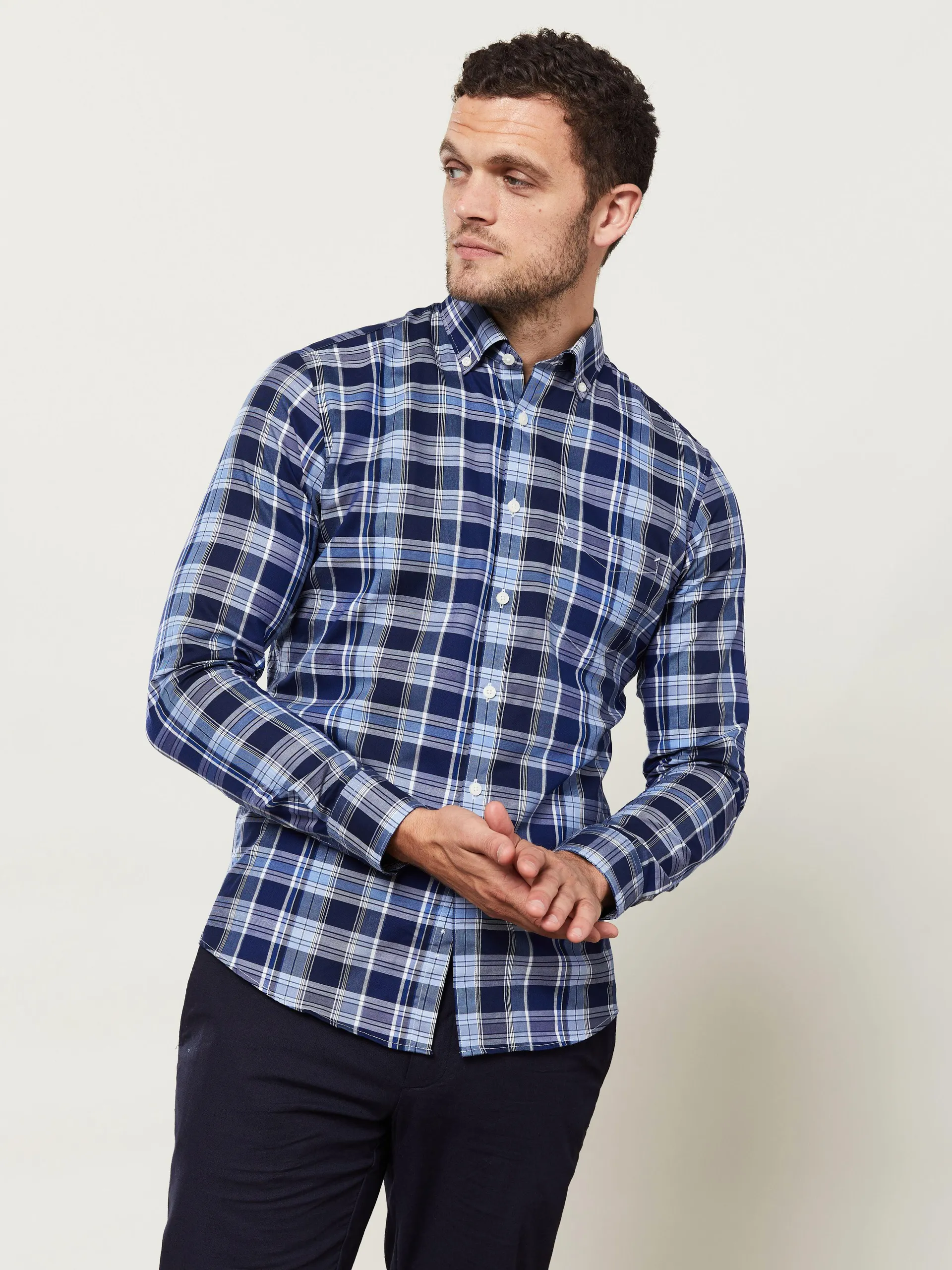 Large Check Slim Fit Blue Navy White Shirt