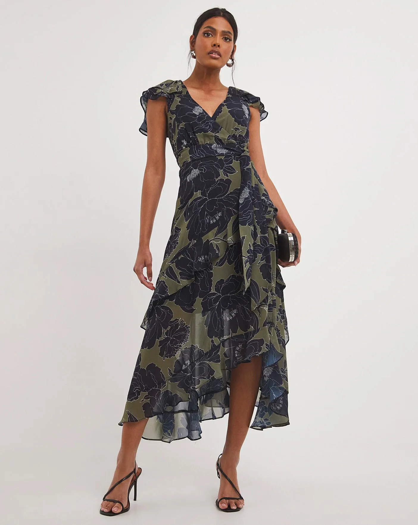 Joanna Hope Khaki Floral Chiffon Tiered Midi Dress