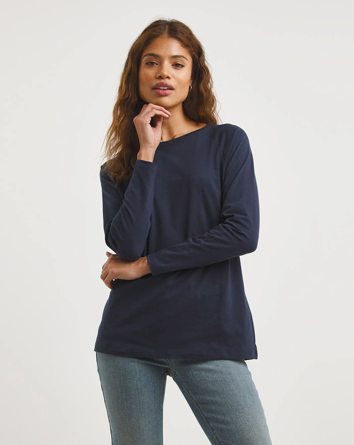 Navy Raglan Long Sleeve Cotton Slub Jersey Top