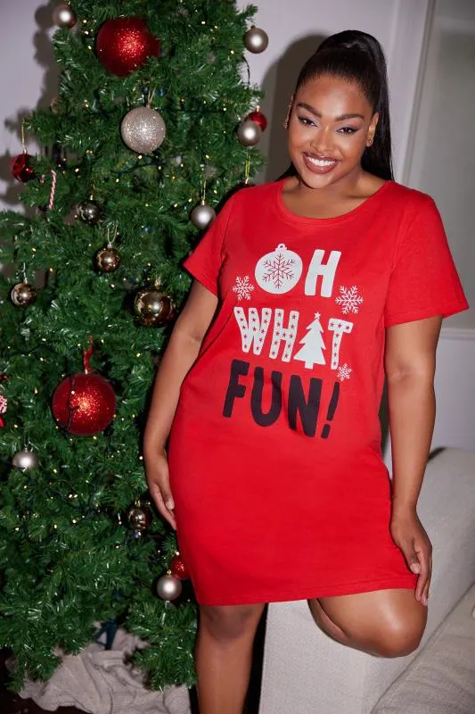 YOURS Curve Red 'Oh What Fun' Slogan Christmas Nightdress