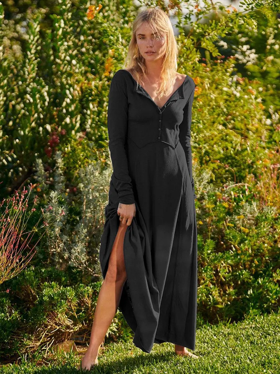 Maxi Dresses V-Neck Long Sleeves Polyester Backless Buttons Floor Length Dress