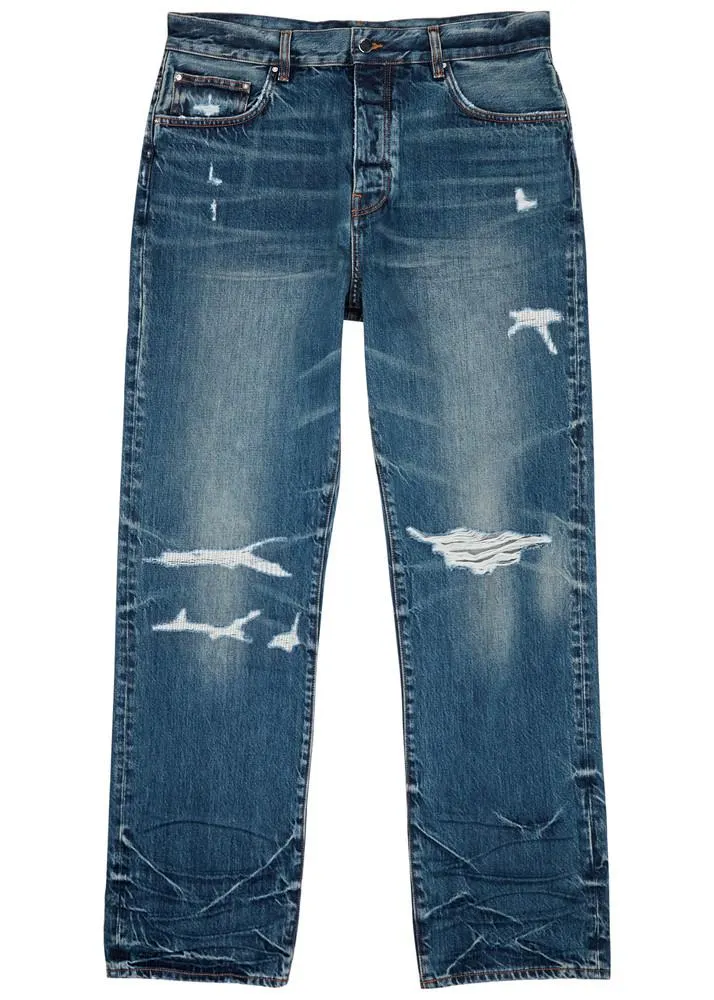 Fractured distressed straight-leg jeans