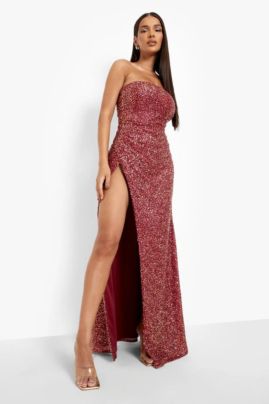 Sequin Bandeau Side Split Maxi Dress