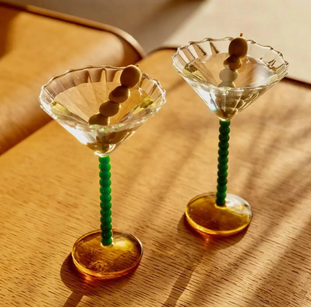 Set Of Two Green Amber Cocktail Glasses