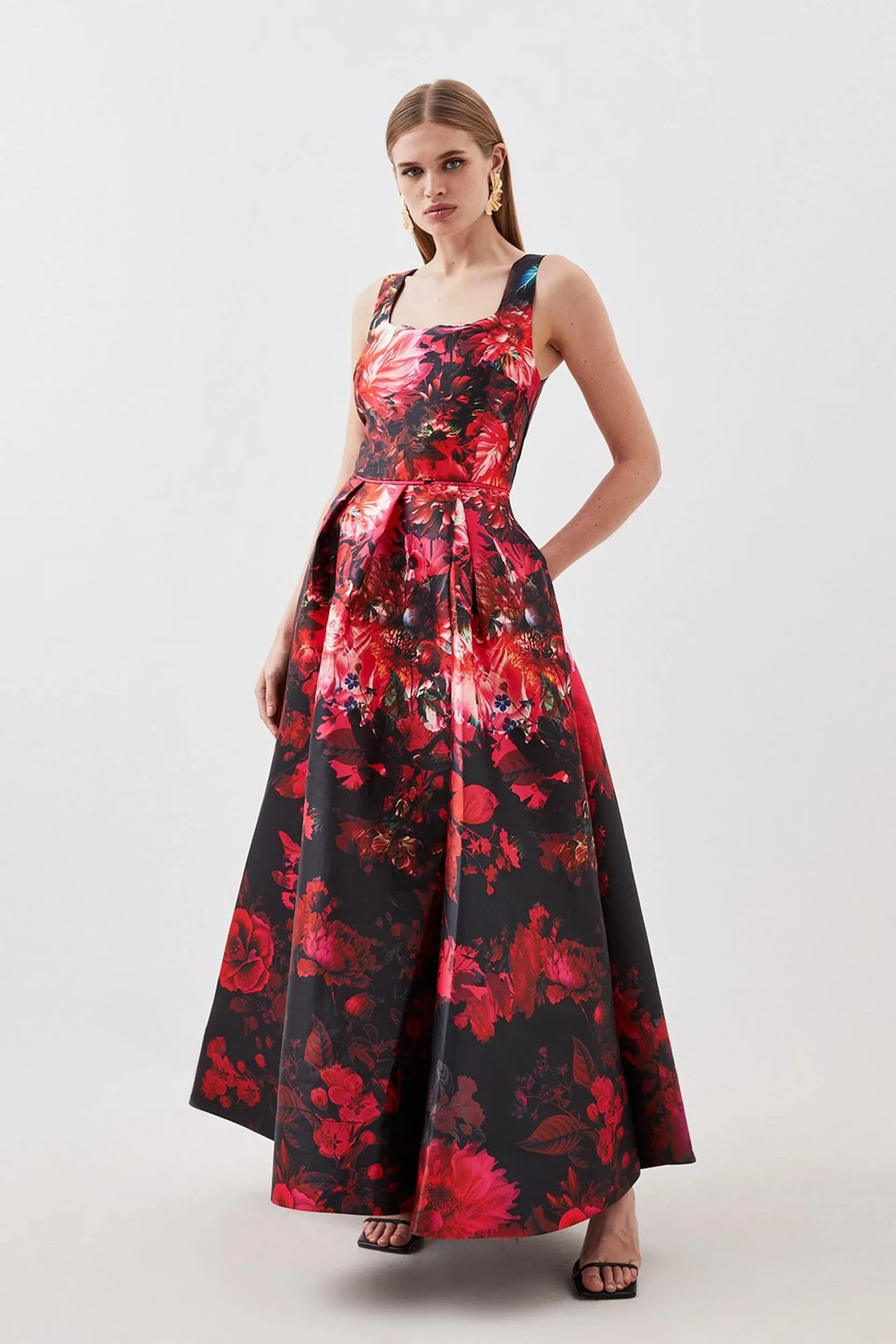 Floral Print Satin Twill Woven Strappy Maxi Prom Dress