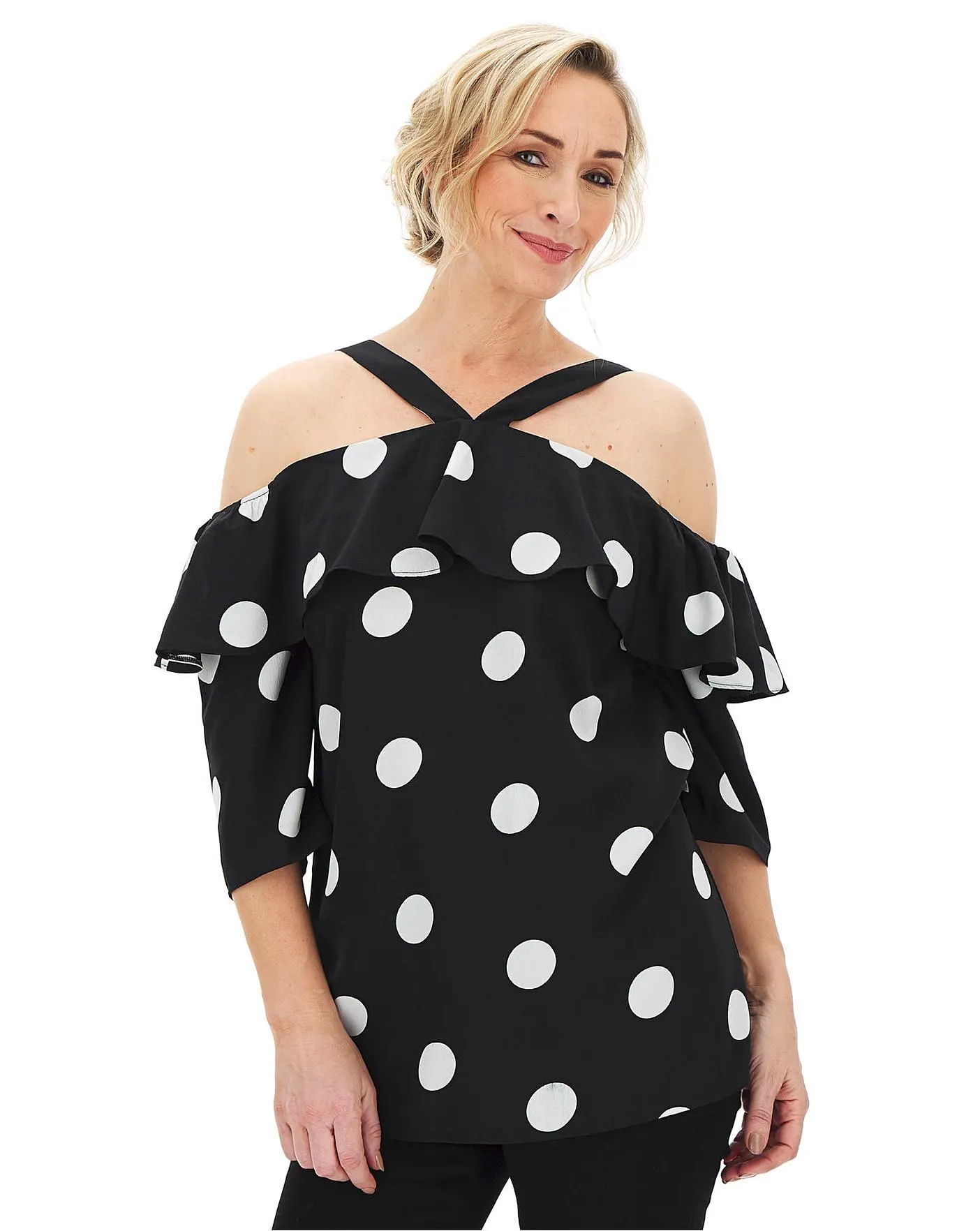 Mono Spot 3/4 Sleeve Frill Shoulder Top