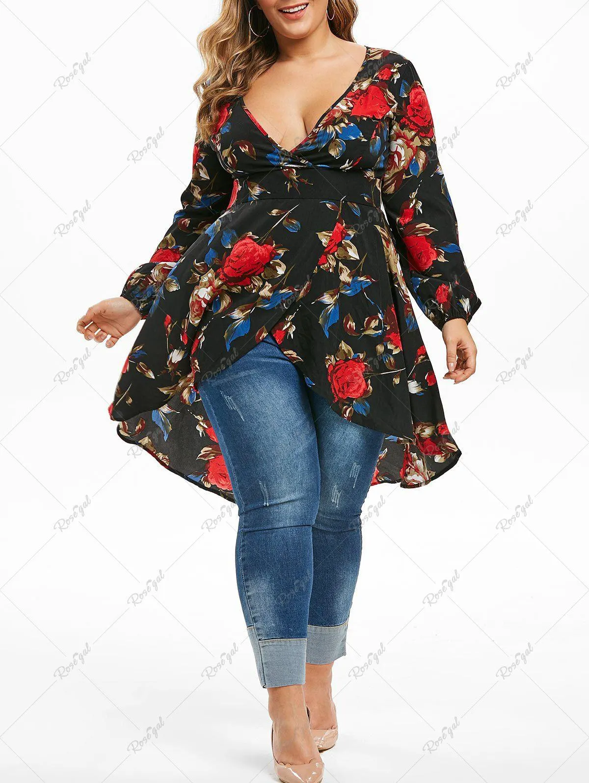 Plus Size Floral Leaf Print Surplice High Low Shirt - 1x | Us 14-16