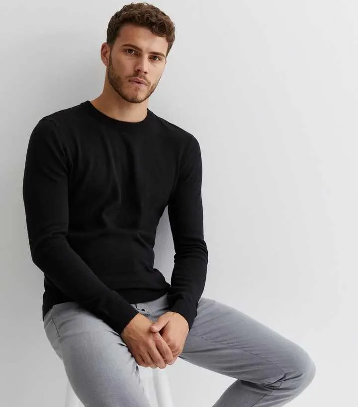 Black Fine Knit Muscle Fit Jumper