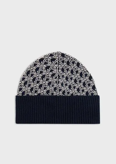 Cotton jacquard beanie hat with all-over logo Armani Sustainability Values
