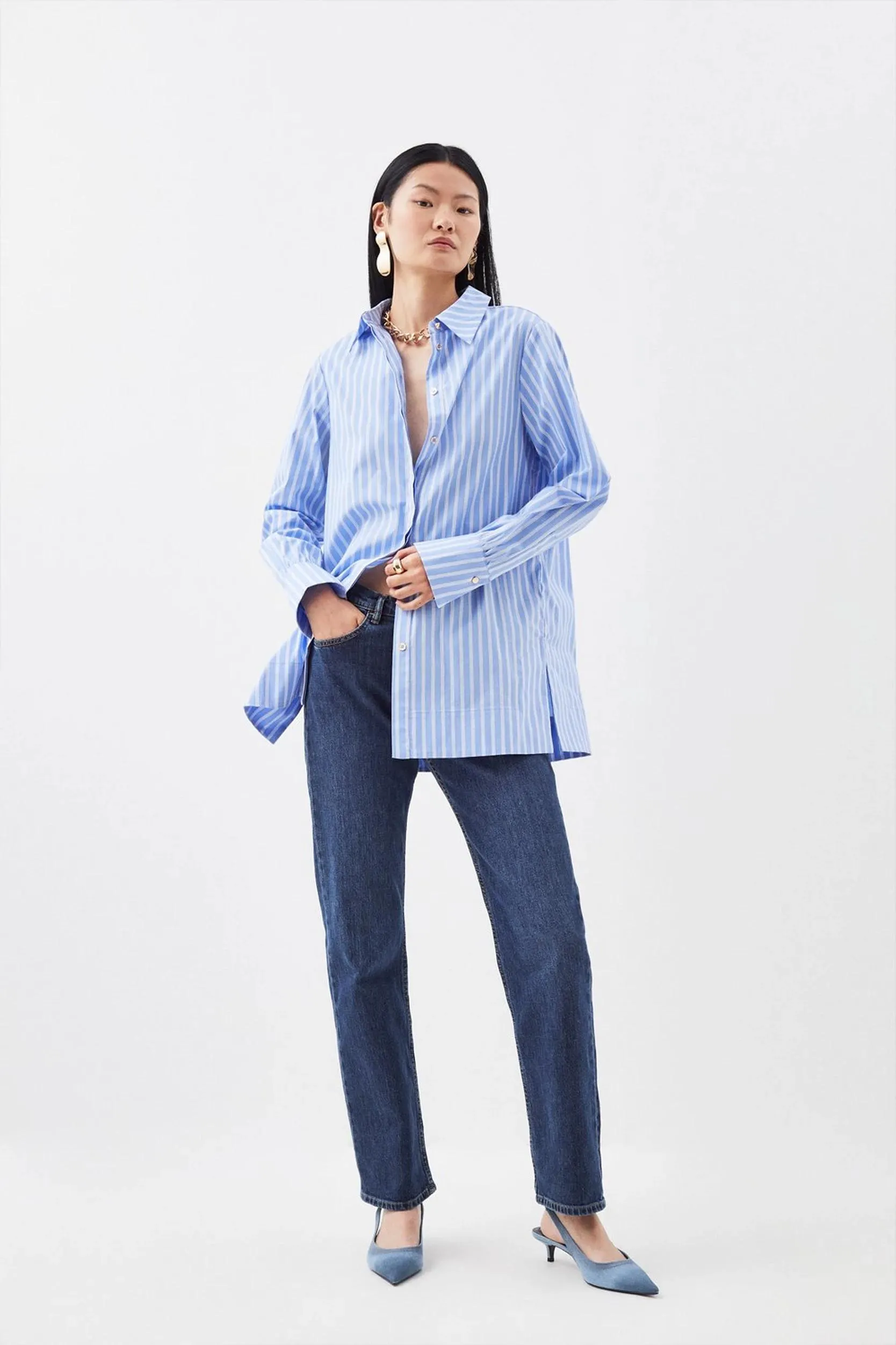 Cotton Poplin Button Sleeve Detail Woven Shirt