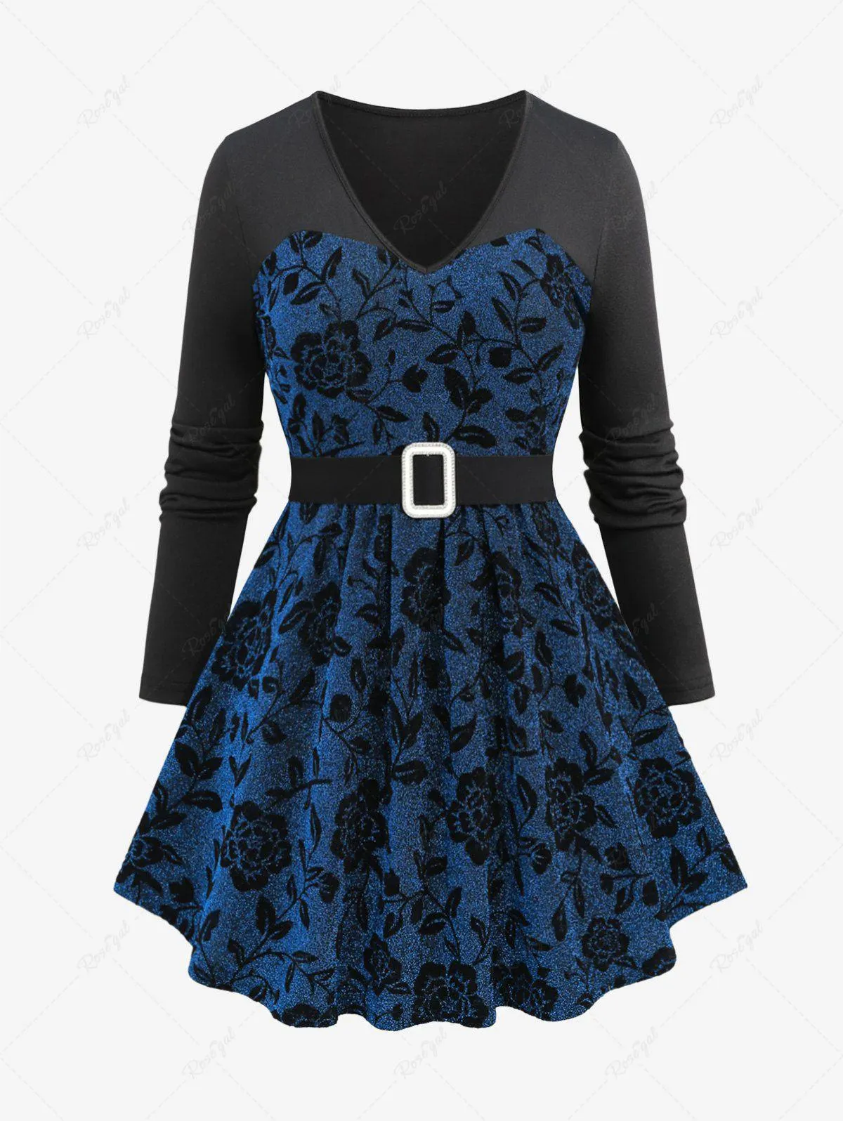 Plus Size Sparkling Glitter Flocking Floral Leaf Buckle Belted Long Sleeves Top - L | Us 12