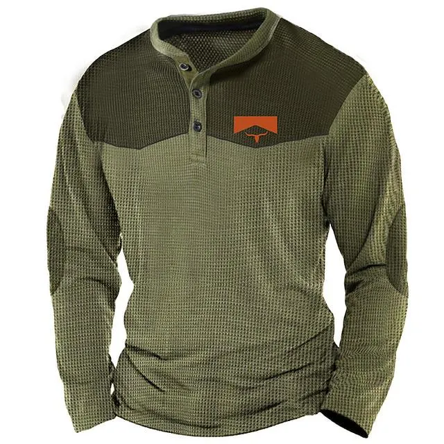 Color Block Cowboy Designer Retro Vintage Casual Men's 3D Print Henley Shirt Waffle T Shirt Sports Outdoor Holiday Festival T shirt Blue Brown Army Green Long Sleeve Henley Shirt Spring & Fall