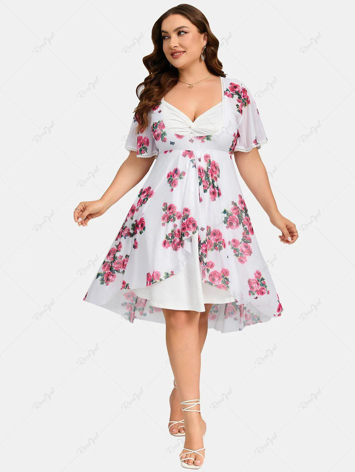 Plus Size Twist Lace Trim Belt Layered Flower Print Dress (Adjustable Shoulder Strap) - 4x | Us 26-28
