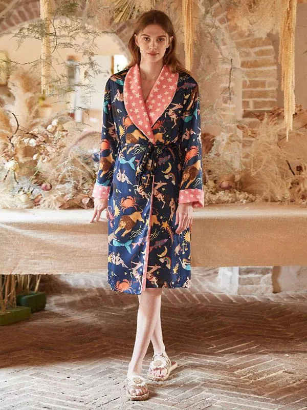 Home Wear Turndown Collar Long Sleeves Animal Print Clothes Polyester