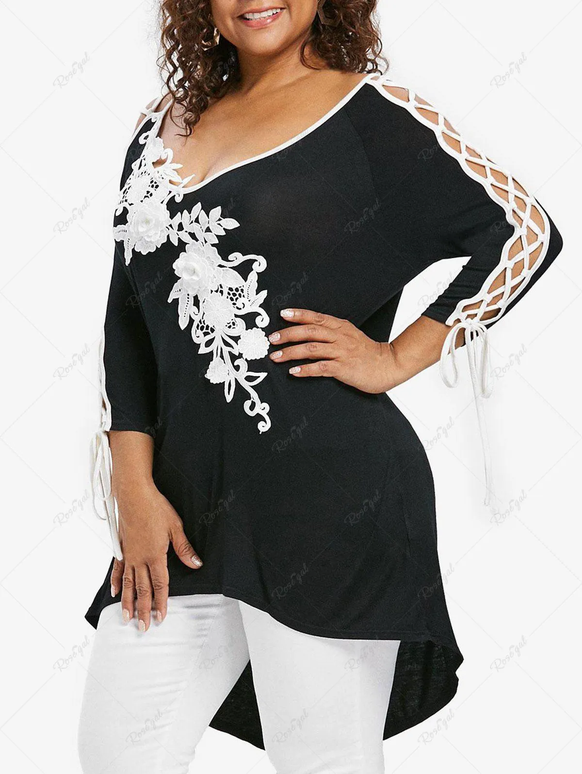 Plus Size Braided Sleeves Appliqued Flowers T-shirt - 3x | Us 22-24