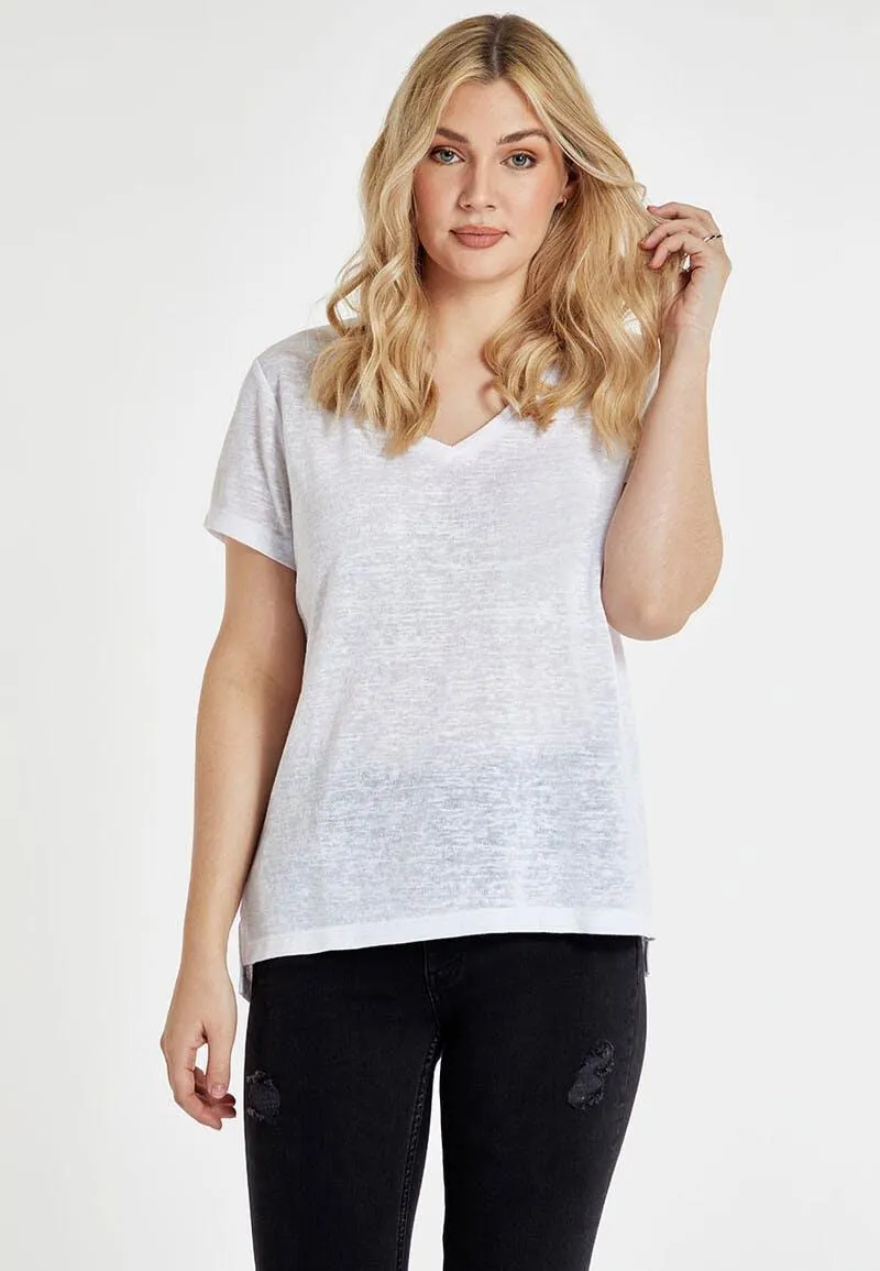 Womens White V-Neck Faux Linen T-Shirt