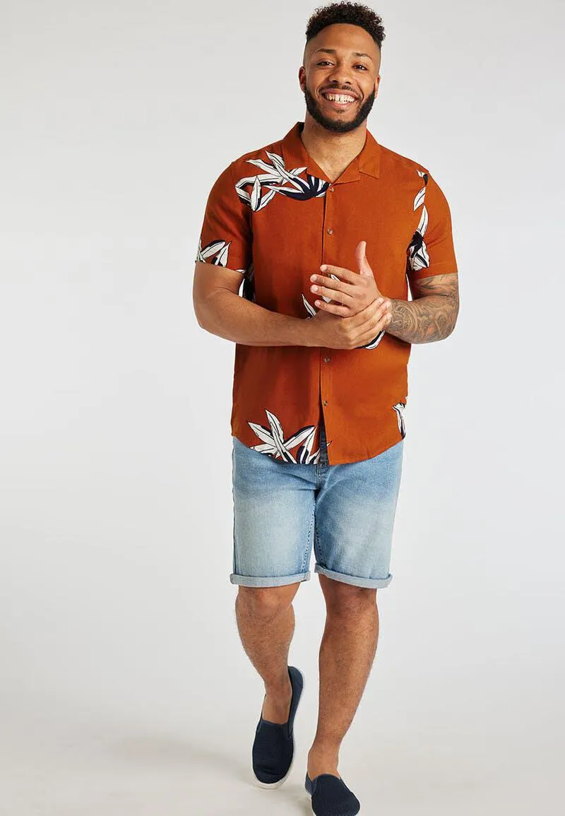 Mens Rust Leaf Print Short Sleeve Shirt