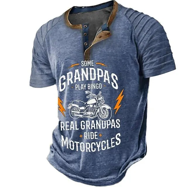 Father's Day papa shirts Motorcycle Vintage Mens 3D Shirt For Birthday | Brown Summer Cotton | Henley Raglan Letter Graphic Prints Clothing Apparel Outdoor Daily Short Sleeve Patchwork Pleats Fashion