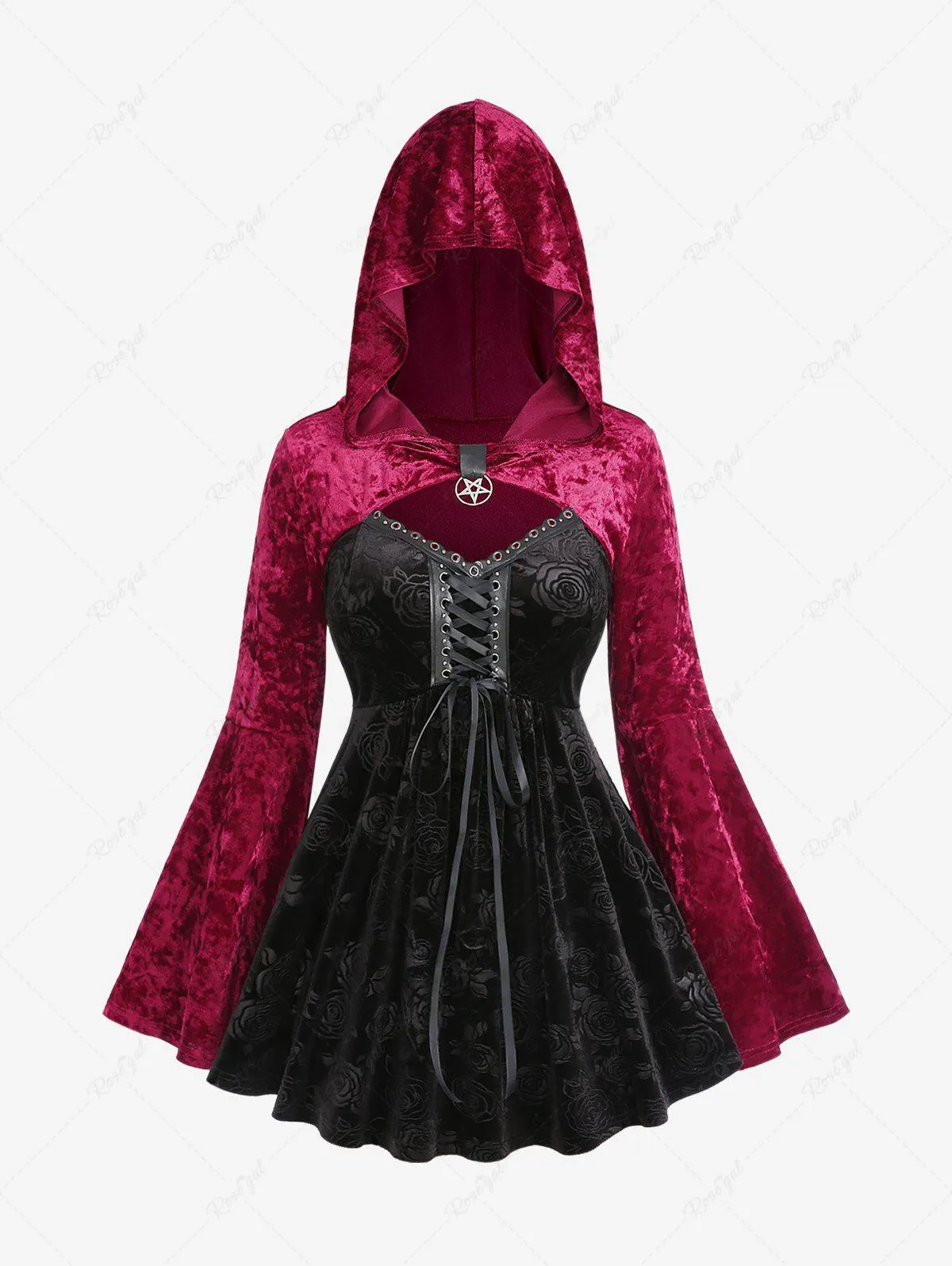 Plus Size Grommets Lace Up Flocking Flower Flare Sleeves Hooded Velvet T-shirt - 4x | Us 26-28