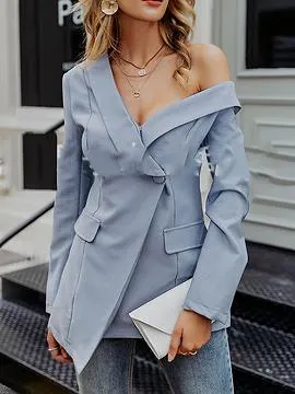 Blue One Shoulder V-neck Long Sleeve Blazer