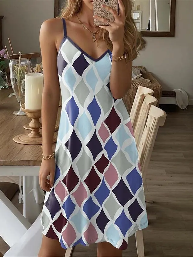Women's Plaid Dress Casual Dress Geometric Plaid Print Strap Mini Dress Streetwear Street Holiday Sleeveless Regular Fit Blue Purple Green Summer S M L XL XXL