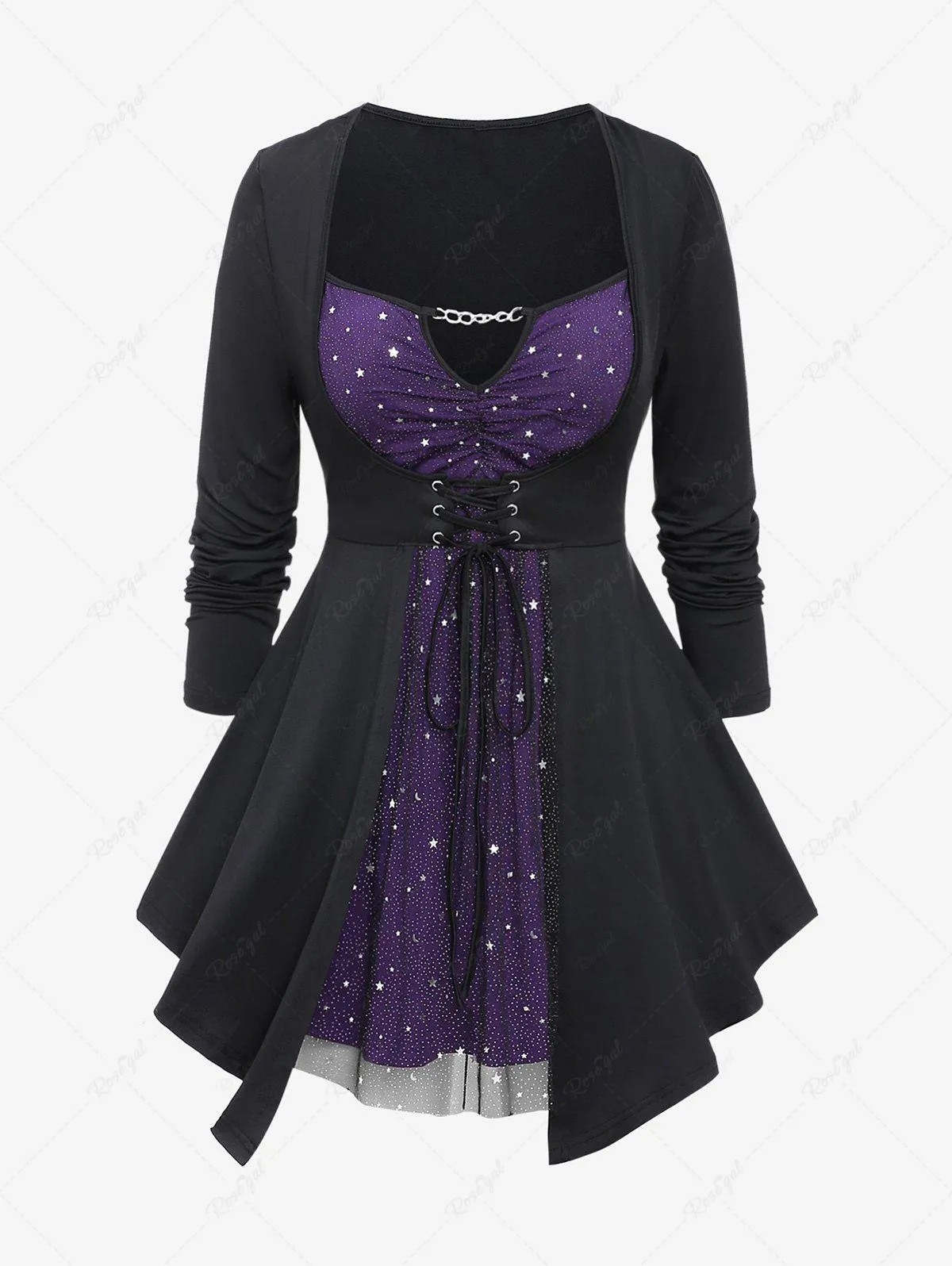 Plus Size Stars Lace-up Cutout Chain Long Sleeves 2 in 1 Tee - 2x | Us 18-20