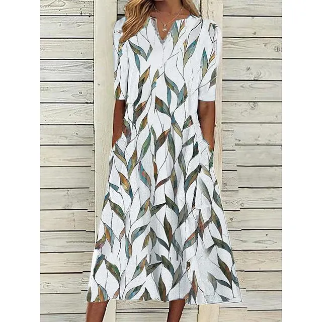 Women's Casual Dress Shift Dress Midi Dress White Blue Half Sleeve Leaf Print Summer Spring V Neck Classic Vacation 2023 S M L XL XXL 3XL