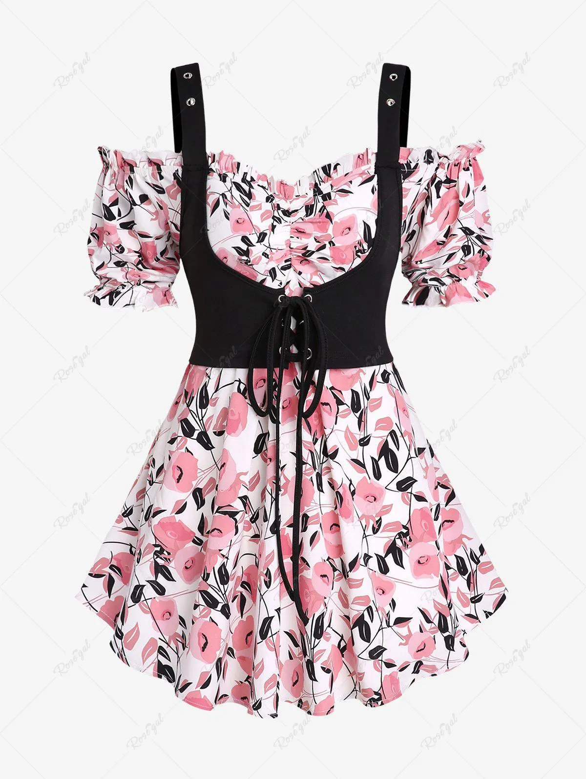 Plus Size Cold Shoulder Lace-up Ruffles Floral 2 in 1 Corset Tee - M | Us 10