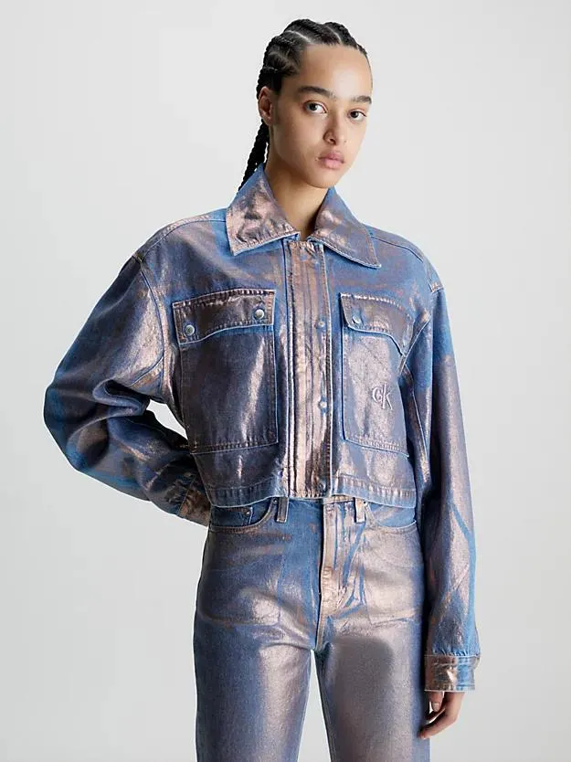 Cropped metallic denim overhemdjack