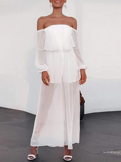 White Off Shoulder Ruffle Trim Puff Sleeve Jumpsuit