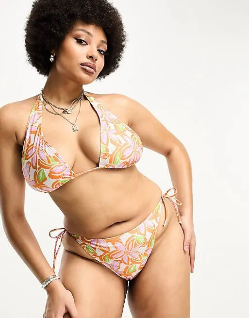 Brave Soul Plus tie side bikini set in orange floral print