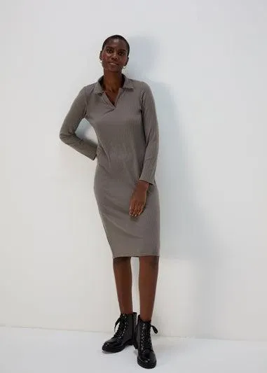 Grey Knitted Collared Midi Dress - Size 10