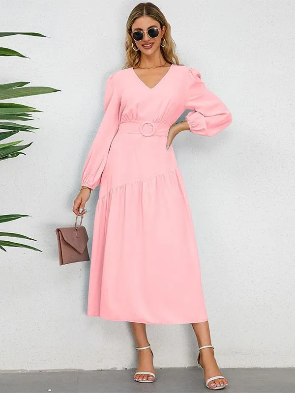 Midi Dress V-Neck Long Sleeves Casual Fall Dress For Women