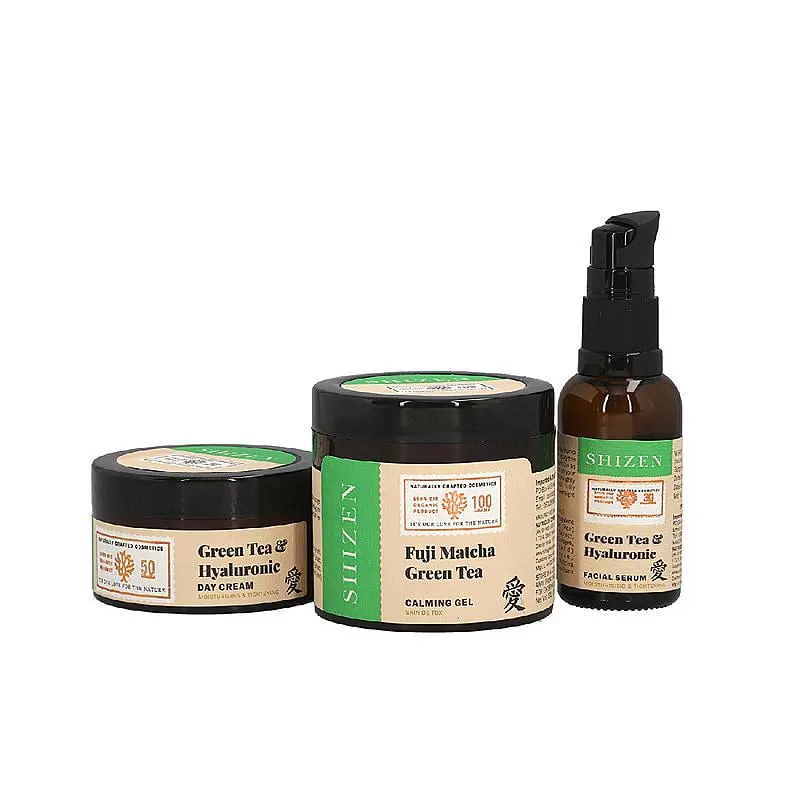 SHIZEN Combo of Fuji Matcha Green Tea Calming Gel For Skin De-tox and Green Tea (100 ml) and Hyaluronic Facial Serum (30 ml) and Moisturizing Green Tea and Hyaluronic Face Day Cream For Brightening and Tight