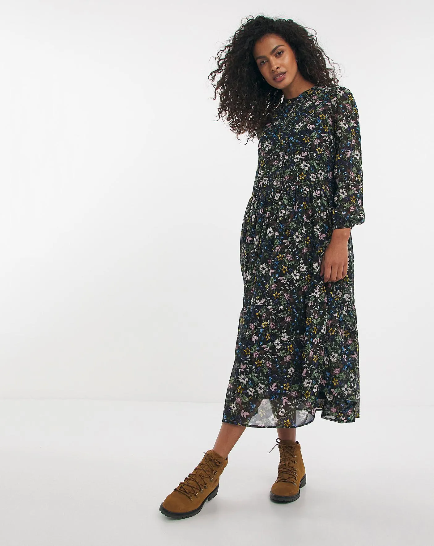 Black Floral Sheer Midi Smock Dress