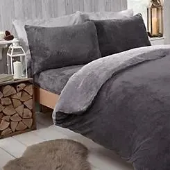 Brentfords Teddy Fleece Reversible Charcoal & Silver Duvet Cover & Pillowcase Set