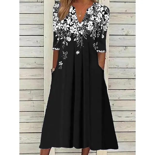Women's Casual Dress T Shirt Dress Tee Dress Shift Dress Midi Dress Black Half Sleeve Floral Patchwork Winter Fall Spring Crew Neck Fashion Daily Weekend 2023 S M L XL 2XL 3XL