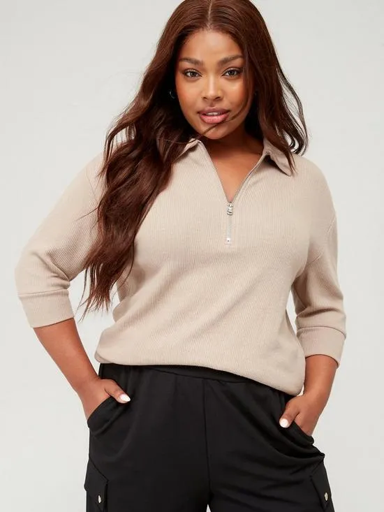 ¾ Sleeve Zip Snit Top - Natural