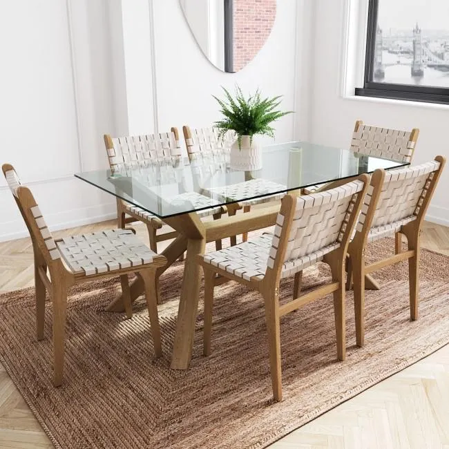 Glass Dining Table Set with 6 Cream Faux Leather Chairs - Seats 6 - Nori
